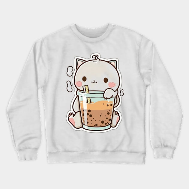 Cute Cat Drinking Bubble Tea Cartoon Boba Drawing Crewneck Sweatshirt by kiddo200